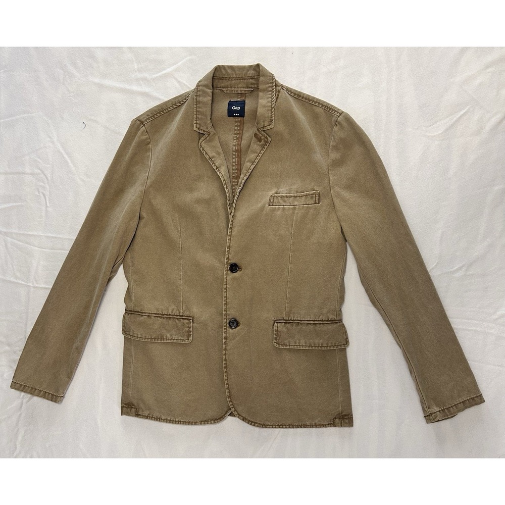 Gap Women Blazer Medium Khaki Modern Solid Covered Pockets Lapel Buttons